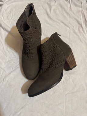 Diba Olive Brown Woven Suede Ankle Booties
